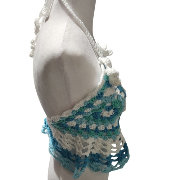 Handmade Granny Square Crochet Halter Top Mermaidcore Boho Criss-cross Icy Blue - Picture 15 of 17